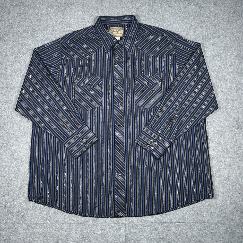Wrangler Western Shirts Button Down Shirt Men's Size 2XL Blue Stripes Pearl Snap